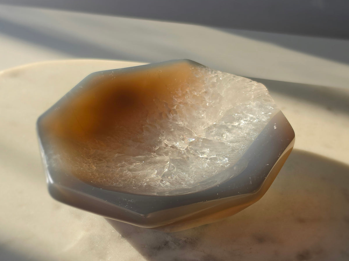 Natural Brazilian Agate bowl with smoky brown, caramel and blush banding, sparkling druzy crystal formations and polished edges