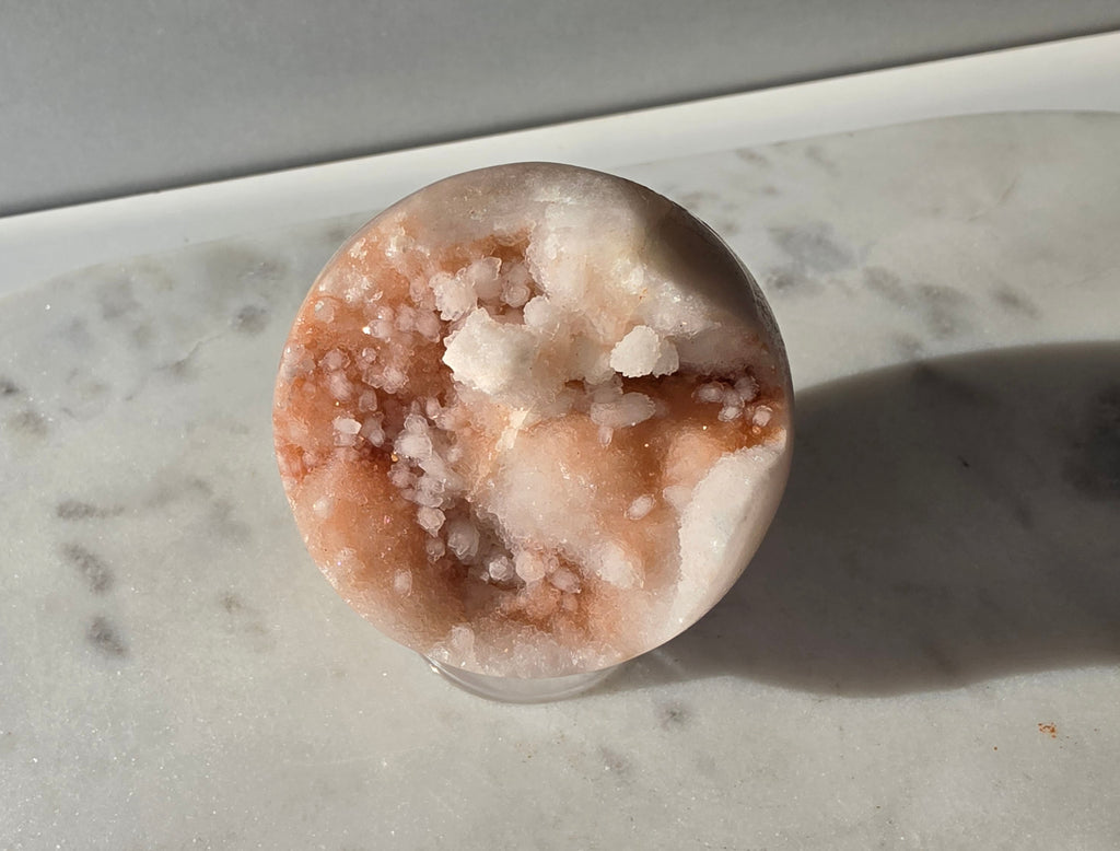 Pink Amethyst sphere from Brazil in soft blush pink tones with sparkling druzy crystals and natural bubble formations, Stone & Bloom