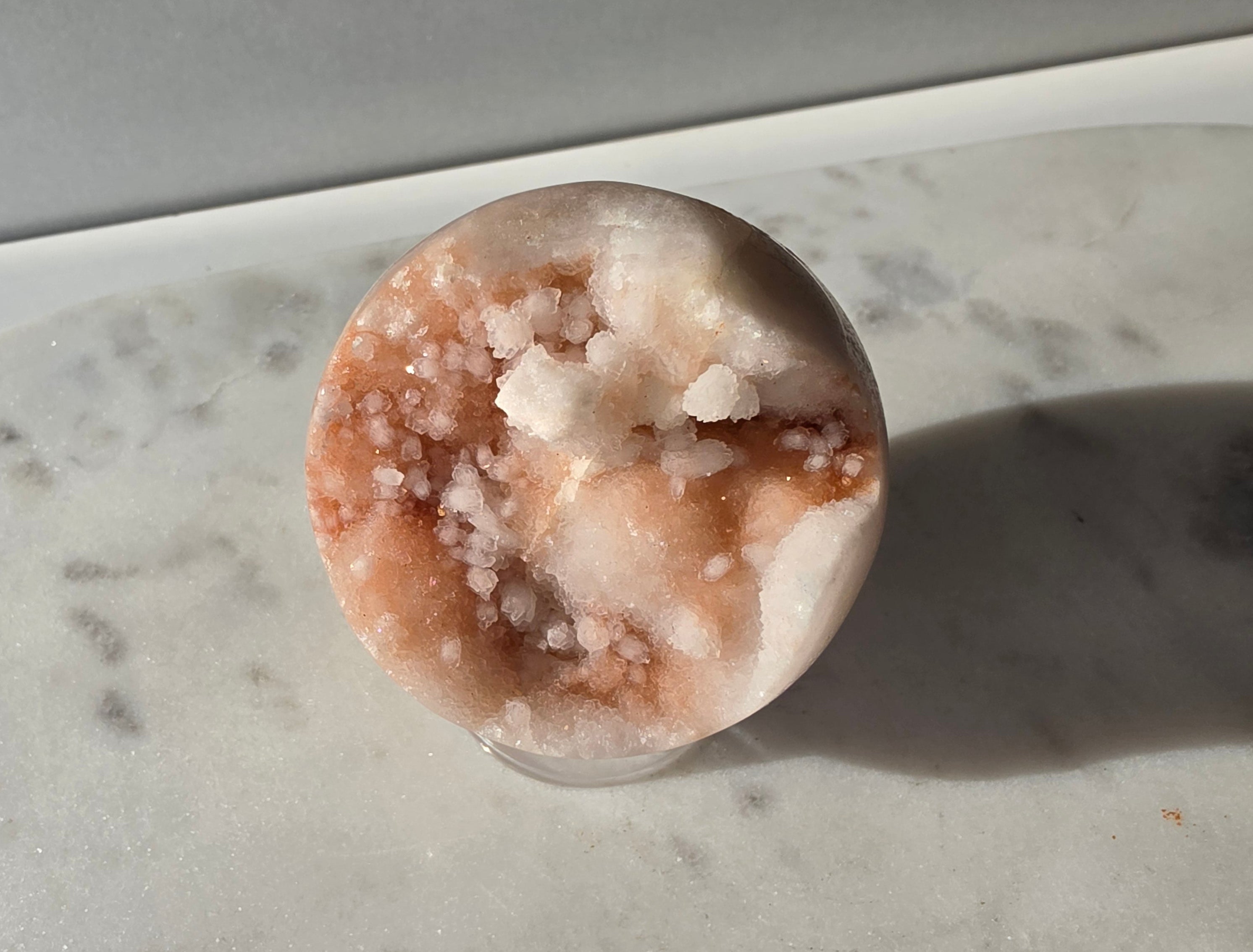 Pink Amethyst sphere from Brazil in soft blush pink tones with sparkling druzy crystals and natural bubble formations, Stone & Bloom
