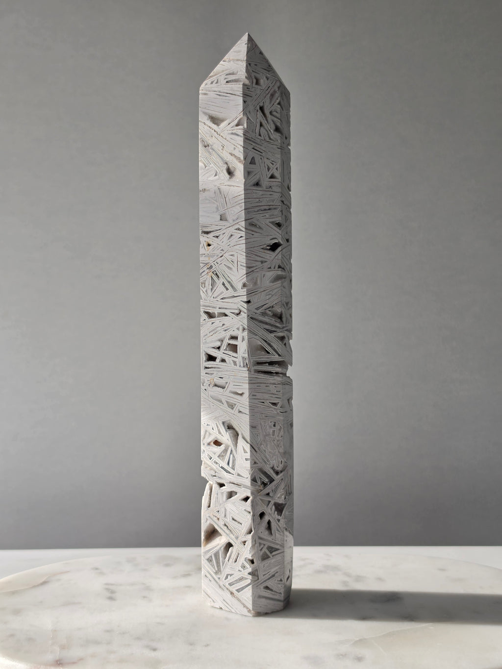 Natural Crazy Lace Agate Tower with intricate earthy banding and sparkling druzy crystal pockets, polished crystal statement piece
