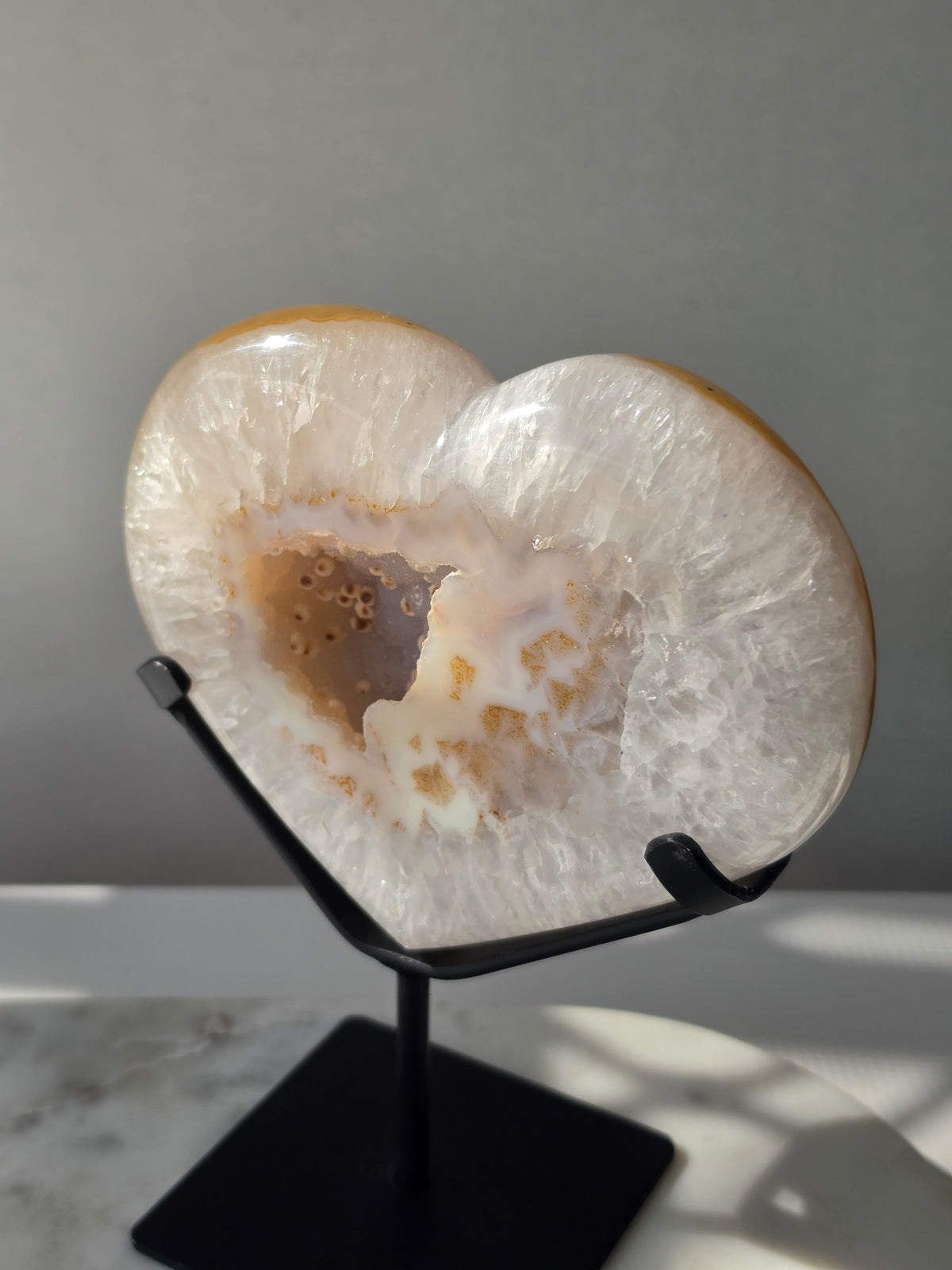 929g Druzy Agate Geode Heart with sparkling druzy crystals, natural Chalcedony eye formations and caramel, beige and ivory agate banding