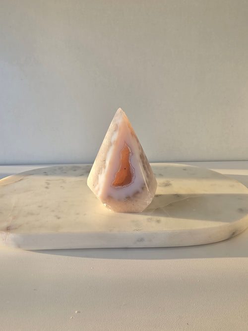 Natural Brazilian blush Agate Diamond with sparkling sugar druzy crystal formation, polished luxury agate statement piece with translucent pink tones by Stone & Bloom