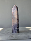 Blue Flower Agate crystal point with soft blue, lavender and cream tones and natural flower-like plume inclusions