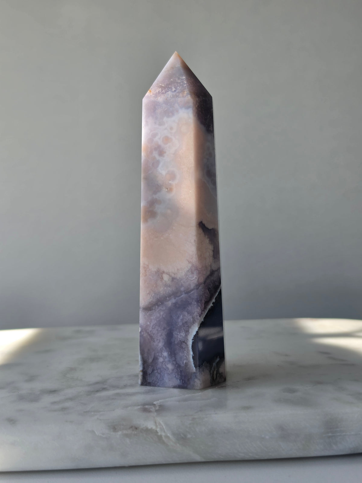 Blue Flower Agate crystal point with soft blue, lavender and cream tones and natural flower-like plume inclusions