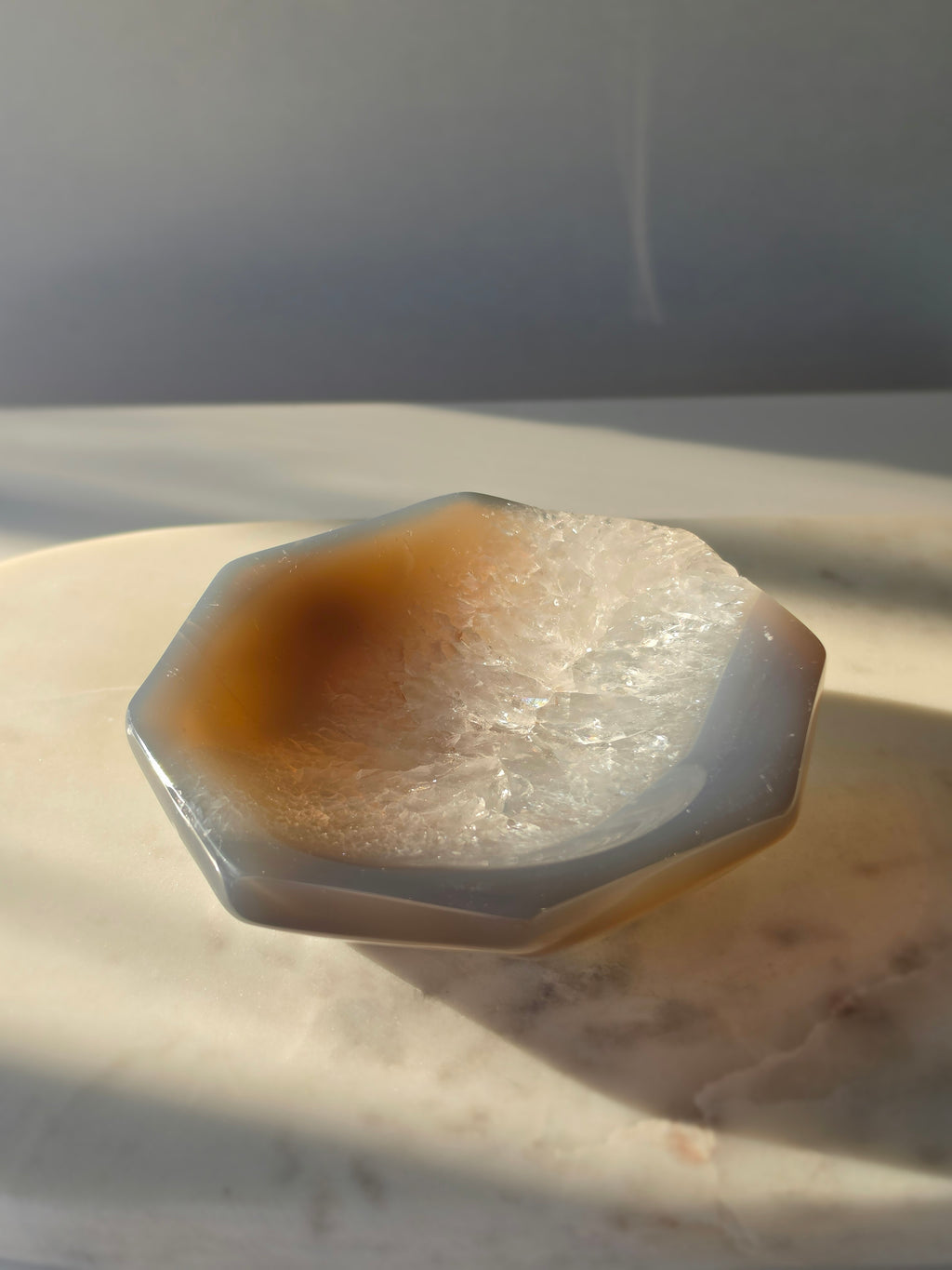 Natural Brazilian Agate bowl with smoky brown, caramel and blush banding, sparkling druzy crystal formations and polished edges