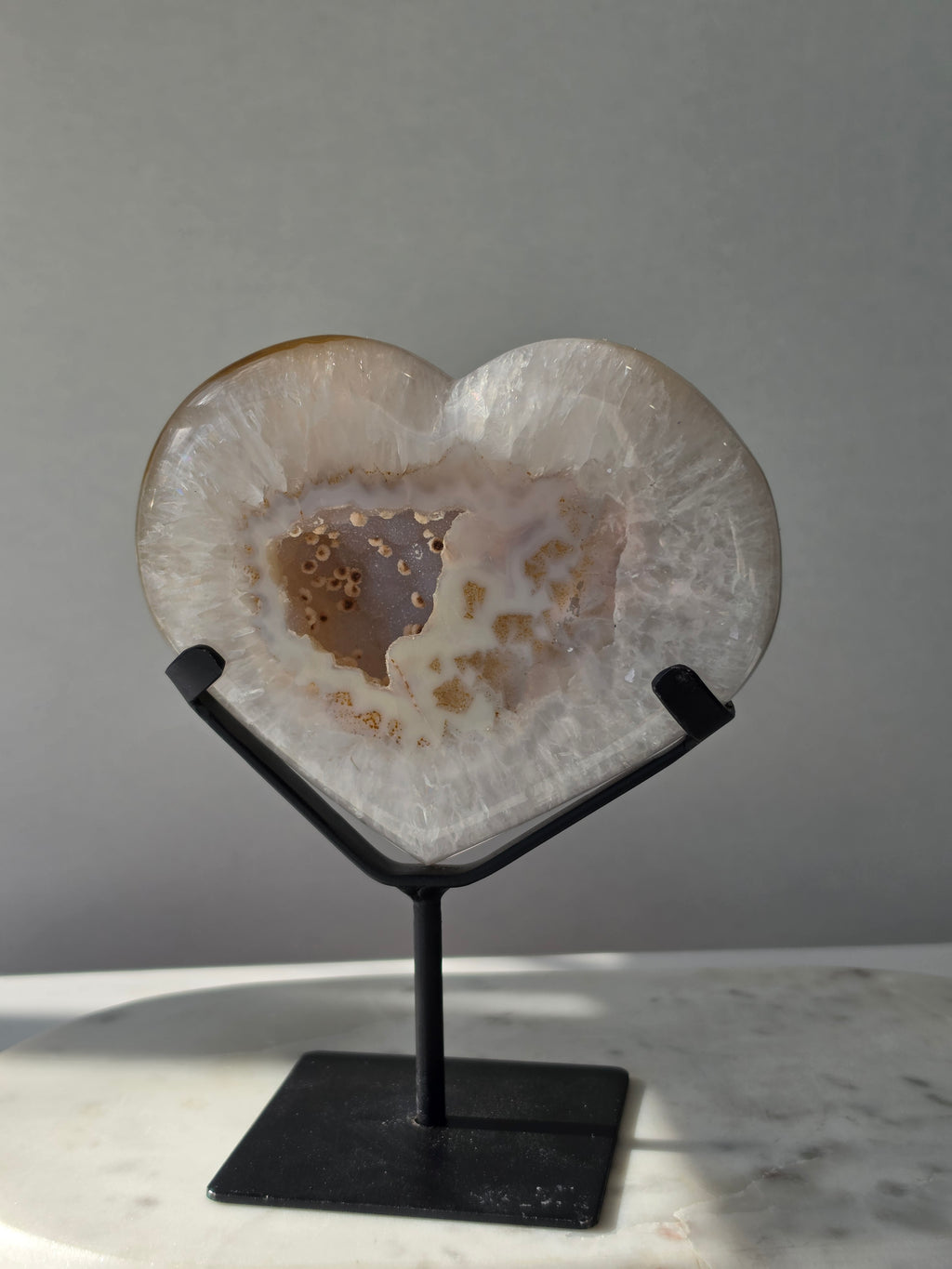 929g Druzy Agate Geode Heart with sparkling druzy crystals, natural Chalcedony eye formations and caramel, beige and ivory agate banding