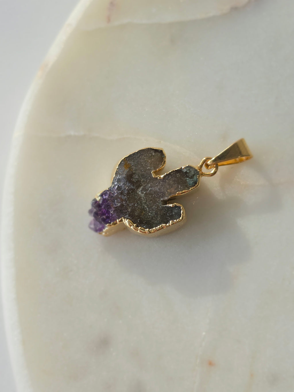 Amethyst and agate cactus slice pendant featuring deep smoky-grey agate, purple crystal formations and a 24K gold-plated outline.