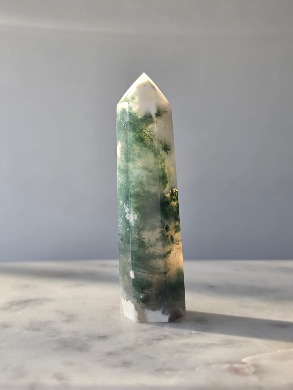 Moss Agate crystal point with translucent milky quartz and intricate forest green botanical inclusions