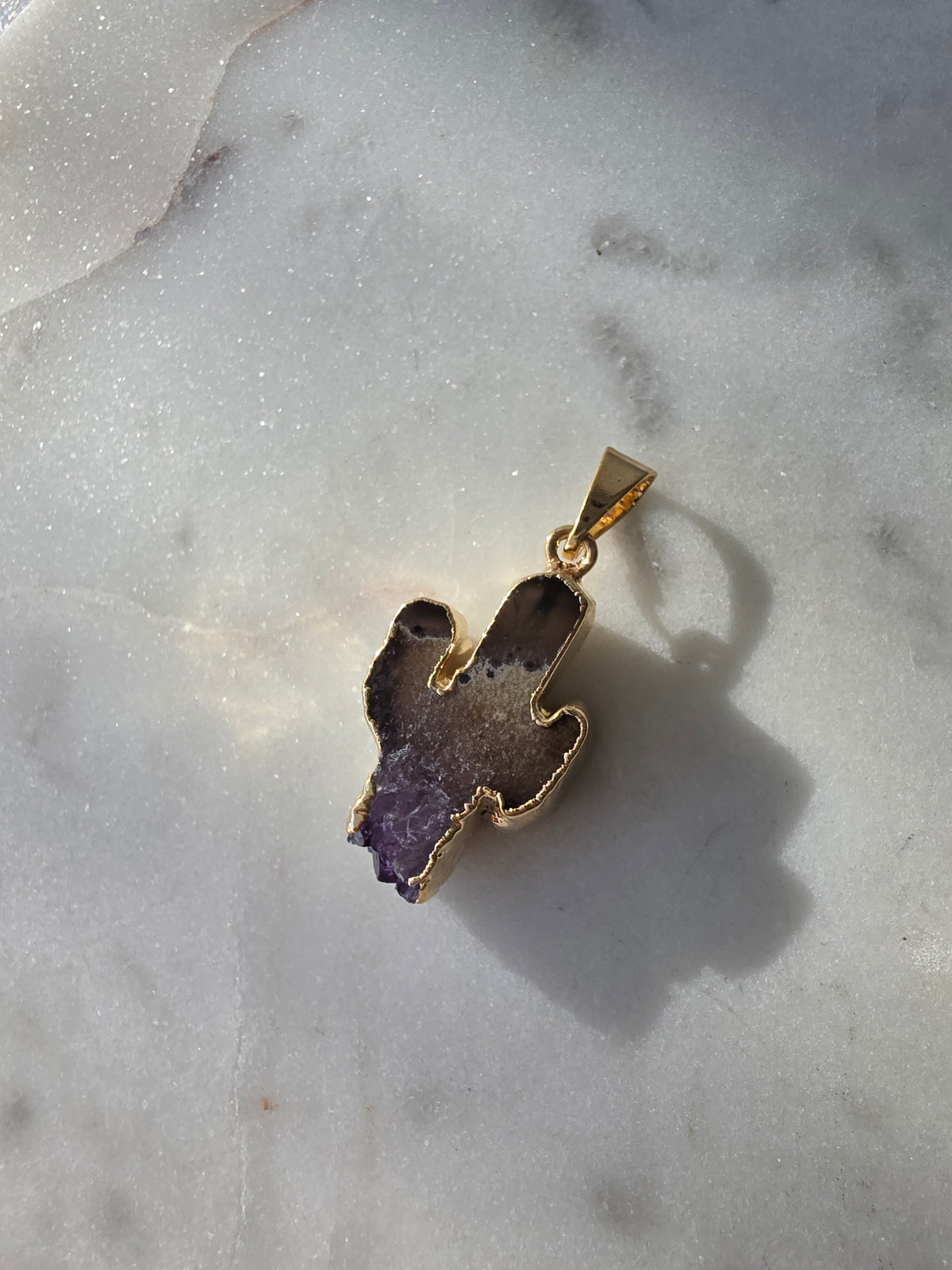Amethyst and agate cactus slice pendant featuring deep smoky-grey agate, purple crystal formations and a 24K gold-plated plating finish