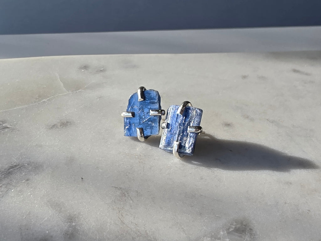 Natural raw Blue Kyanite crystal stud earrings in a four-claw silver setting, Raw Luxe Collection